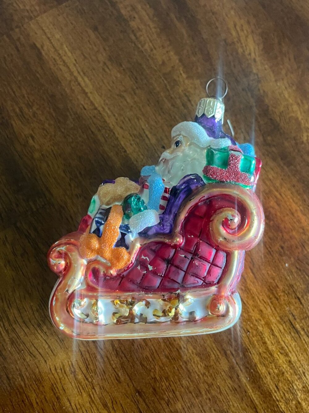 Radko Santa In Sleigh with Packages Hand Painted Glass Ornament Flawed!